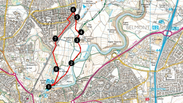 Ordnance Survey map showing a circular walk route through countryside near Crook Hall Gardens in Durham